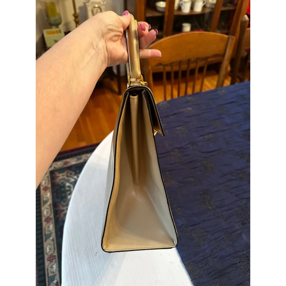 Celine Beige Leather Satchel Bag with Gold Hardware